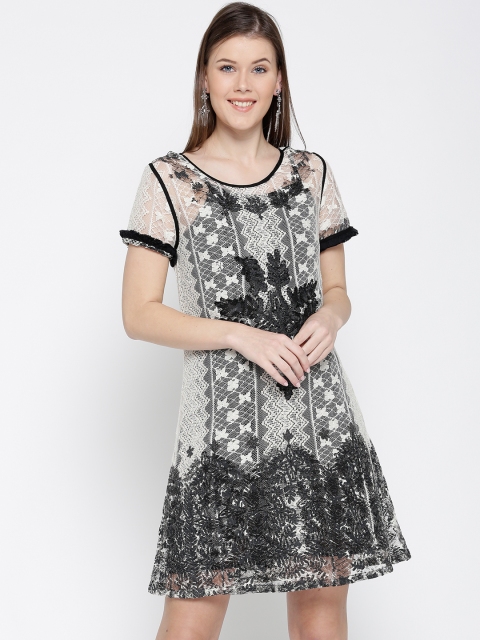 

I AM FOR YOU Women Beige & Black Lace A-Line Dress
