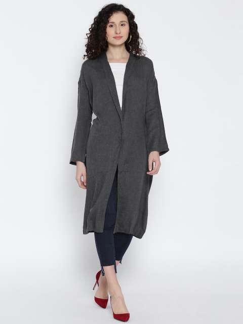 

I AM FOR YOU Grey Melange Solid Woollen Longline Press-Button Shrug