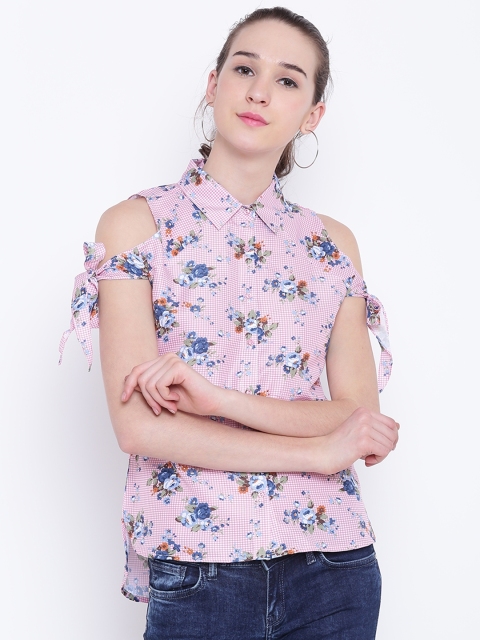 

Madame Women White & Pink Regular Fit Checked Casual Shirt