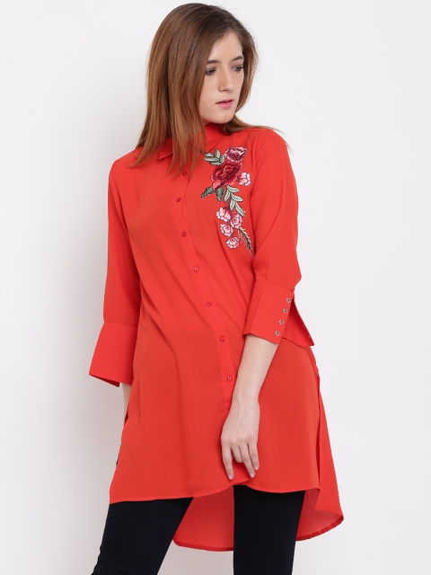

Madame Women Orange Solid Longline Casual Shirt