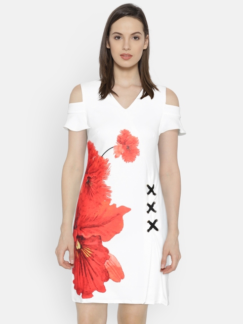 

Madame Women White & Red Floral Print Cold Shoulder Sheath Dress