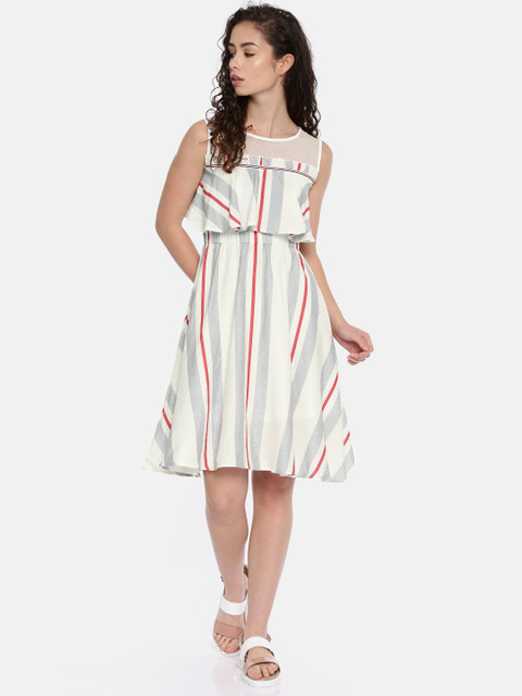

Madame Women White & Blue Striped Layered Fit & Flare Dress
