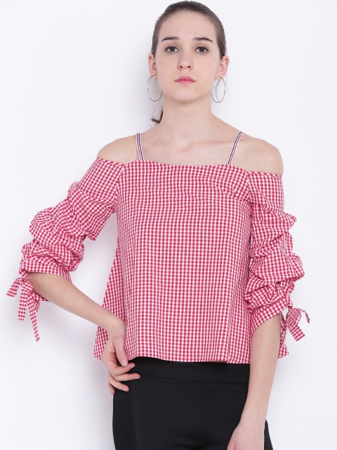 

Madame Women Red & White Checked Bardot Top