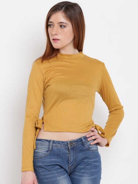 

Madame Women Mustard Yellow Self-Striped Crop Top