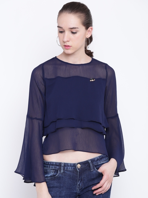 

Madame Women Navy Blue Solid Semi-Sheer Layered Crop Top