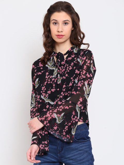 

Madame Women Black & Pink Floral Print Crop Top