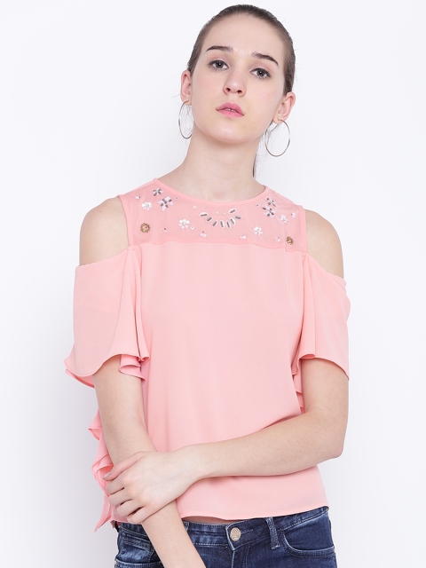 

Madame Women Peach-Coloured Cold-Shoulder Top