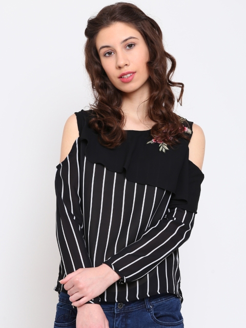 

Madame Women Black Semi-Sheer Cold Shoulder Layered Striped Top