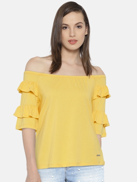 

Madame Women Yellow Solid Bardot Top with Ruffles