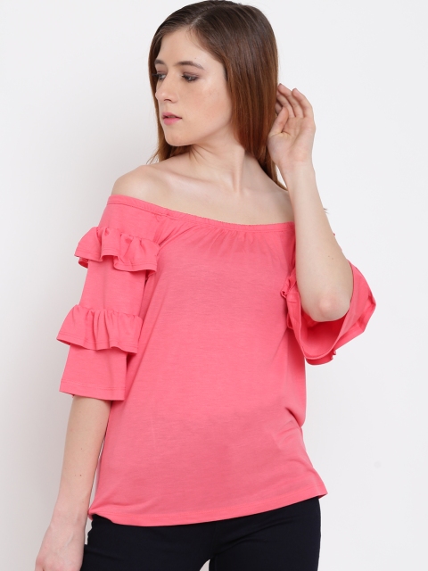 

Madame Women Coral Pink Solid Bardot Top