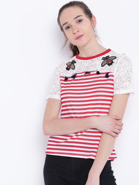 

Madame Women White & Red Lace Detail Striped Top