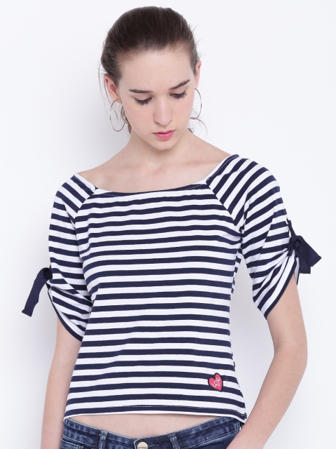 

Madame Women Navy Blue & White Striped Crop Top