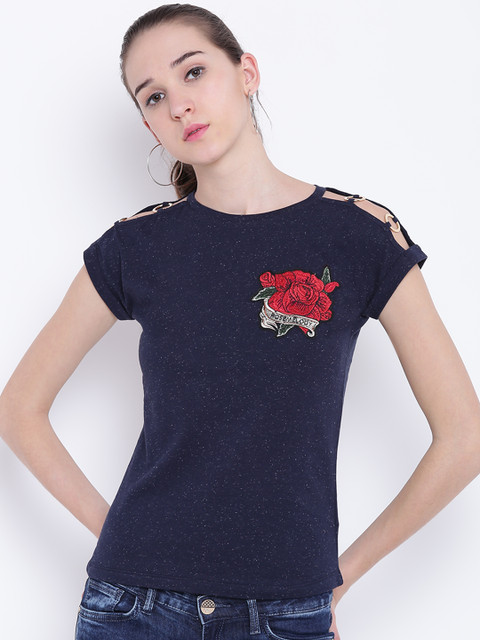 

Madame Women Navy Blue Solid Top with Cut-Outs