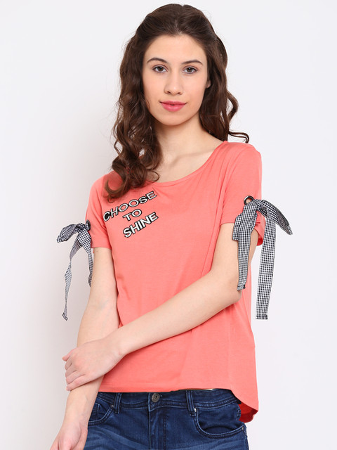 

Madame Women Peach-Coloured Solid A-Line Top