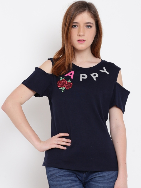 

Madame Women Navy Solid Cold-Shoulder Top, Navy blue