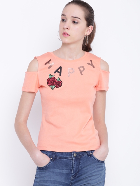 

Madame Women Peach-Coloured Cold-Shoulder Top