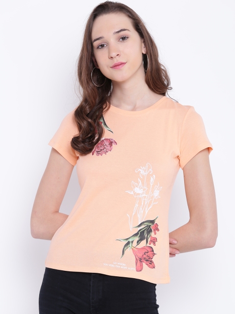 

Madame Women Peach-Coloured Floral Print Round Neck T-shirt
