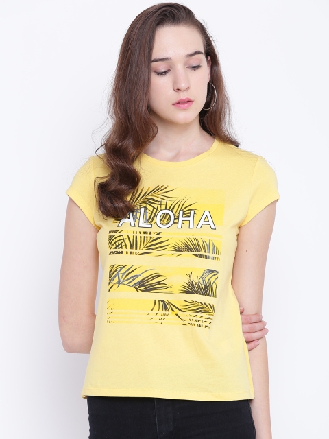 

Madame Women Yellow Printed Round Neck T-shirt
