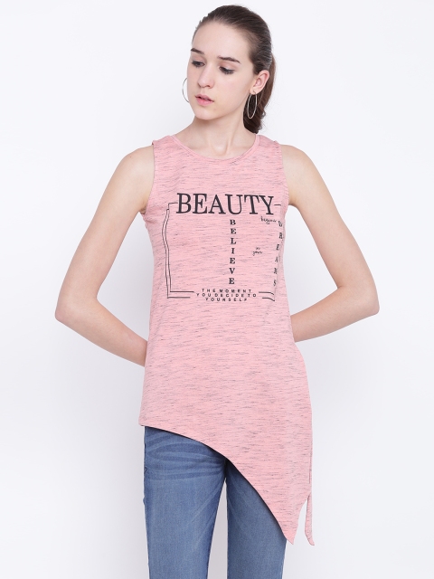 

Madame Women Peach-Coloured Printed Dipped Hem Top