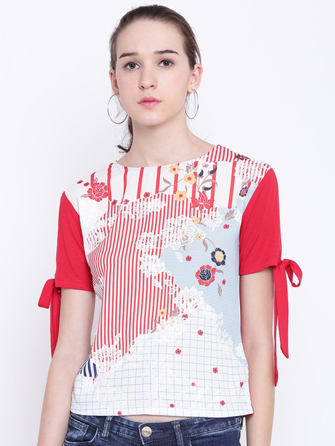 

Madame Women White & Red Printed Styled Back Top