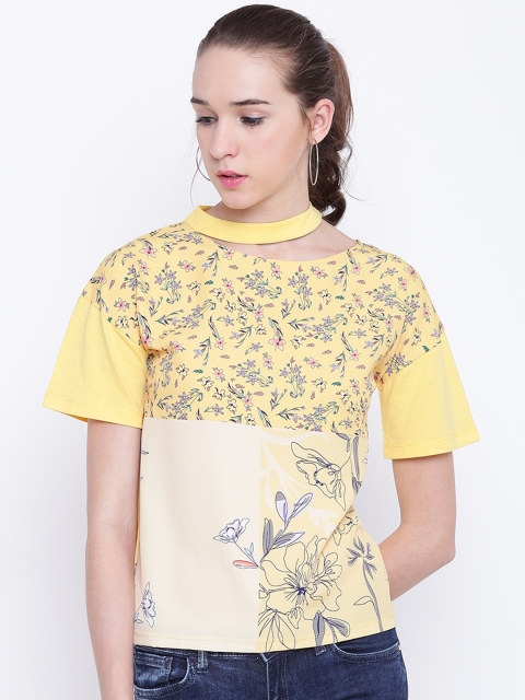 

Madame Women Yellow Floral Print Choker Neck Top