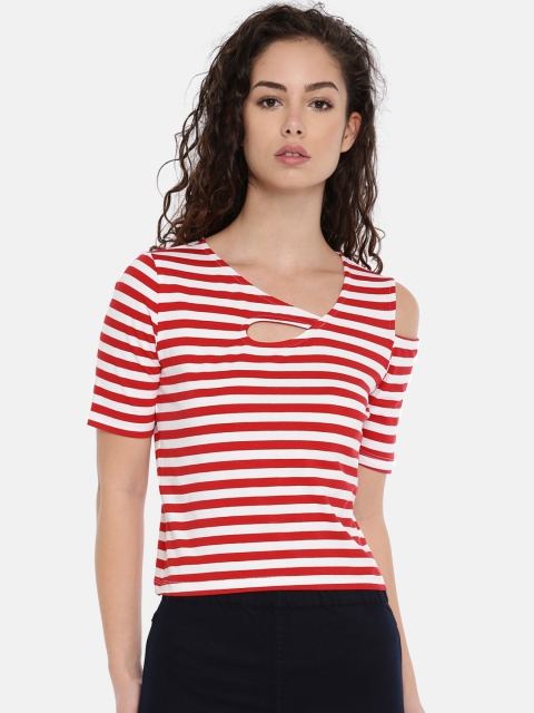 

Madame Women White & Red Striped Cold Shoulder Crop Top