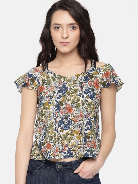 

Madame Women Beige & Blue Floral Print A-Line Top