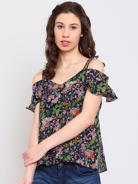 

Madame Women Navy Blue Floral Print Cold Shoulder A-Line Top