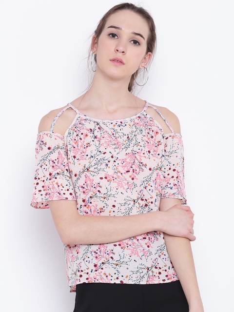 

Madame Women Peach-Coloured Printed Cold Shoulder Top