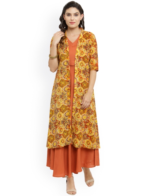 

Indibelle Women Yellow & Rust Printed A-Line Kurta