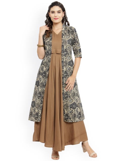 

Indibelle Women Black & Beige Printed A-Line Kurta
