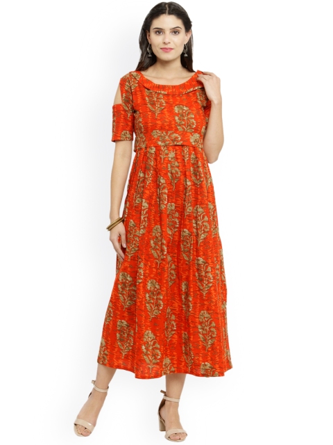 

Indibelle Women Orange & Brown Printed A-Line Kurta