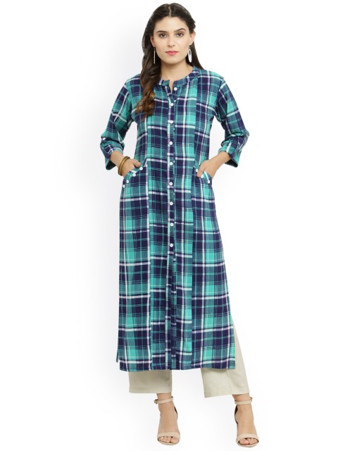 

Indibelle Women Green & Blue Checked A-Line Kurta