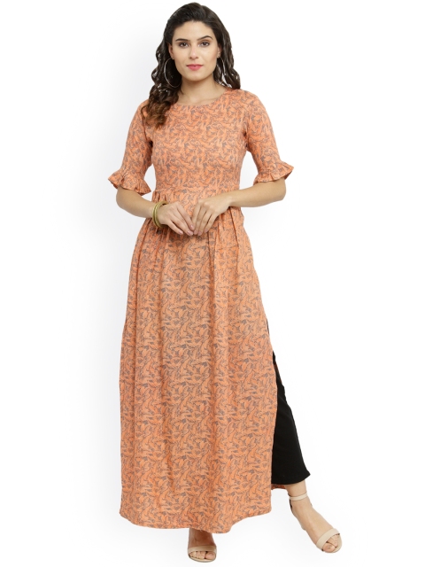 

Indibelle Women Peach-Coloured & Grey Printed A-Line Kurta