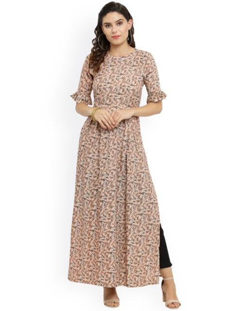

Indibelle Women Peach-Coloured & Grey Printed A-Line Kurta