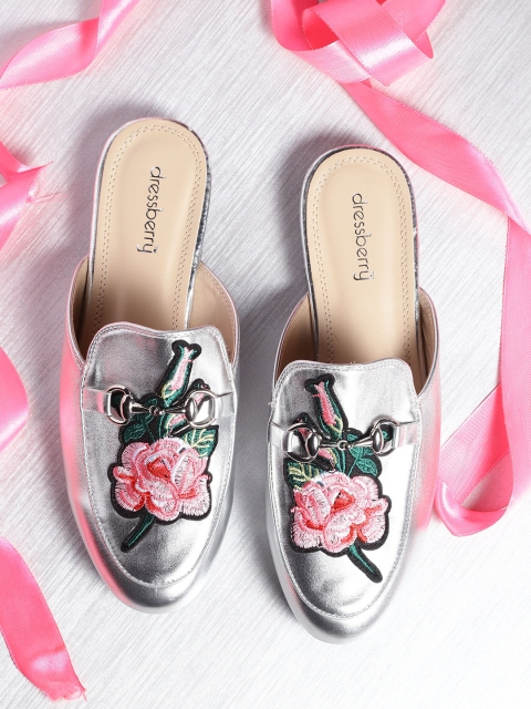 

DressBerry Women Silver-Toned Mules with Floral Applique Detail