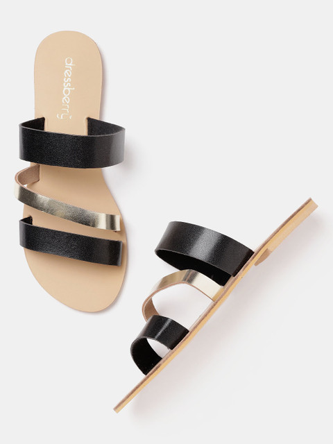 

DressBerry Women Black & Gold-Toned Solid Open Toe Flats