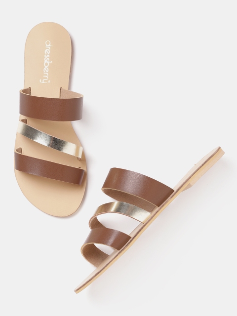

DressBerry Women Brown & Gold-Toned Solid Open Toe Flats