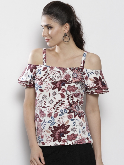 

DOROTHY PERKINS Women White & Burgundy Printed Bardot Top