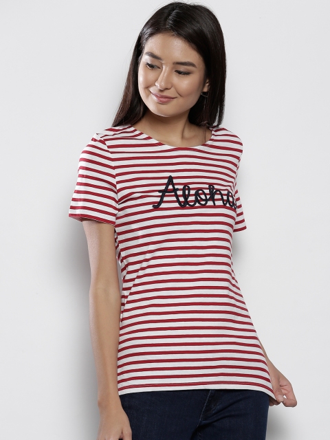 

DOROTHY PERKINS Women Red & White Striped Round Neck Longline T-shirt