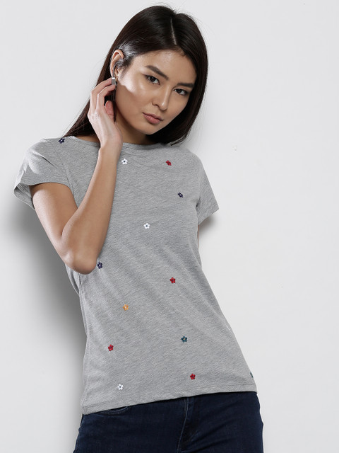 

DOROTHY PERKINS Women Grey Melange Solid Round Neck T-shirt