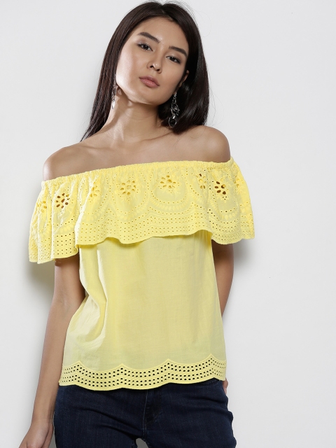 

DOROTHY PERKINS Women Yellow Embroidered Bardot Top