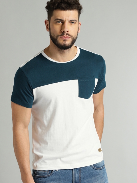 

Roadster Men White & Teal Blue Colourblocked Round Neck T-shirt