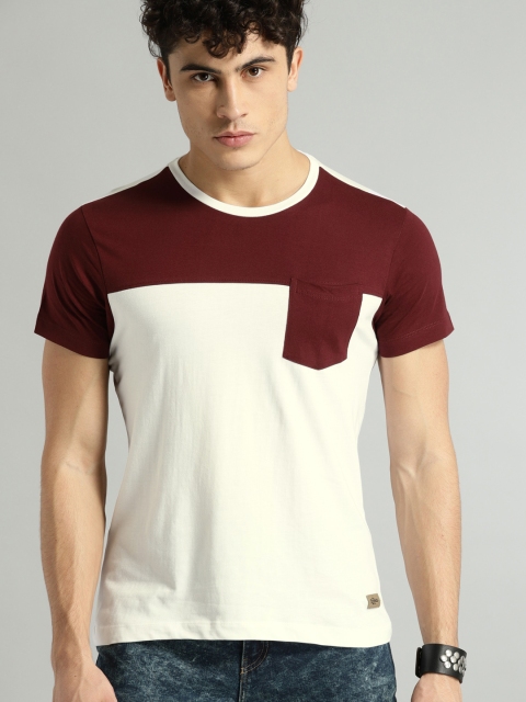 

Roadster Men White & Maroon Colourblocked Round Neck T-shirt