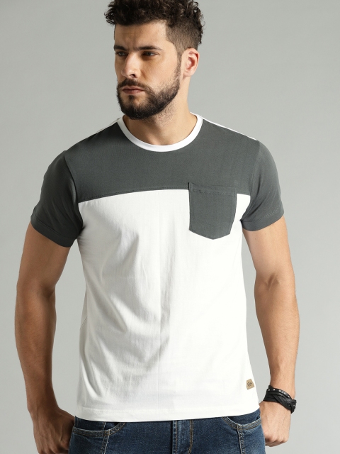 

Roadster Men White Grey Colourblocked Round Neck Pure Cotton T-shirt