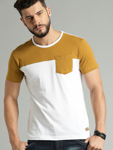 

Roadster Men White & Mustard Colourblocked Round Neck T-shirt