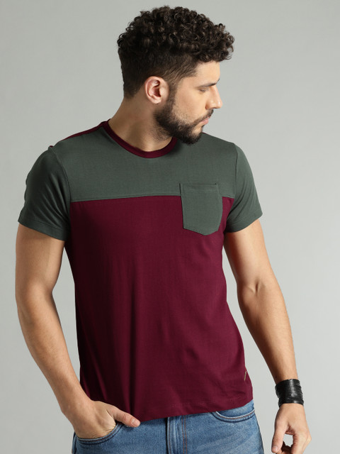 

Roadster Men Maroon Grey Colourblocked Round Neck Pure Cotton T-shirt