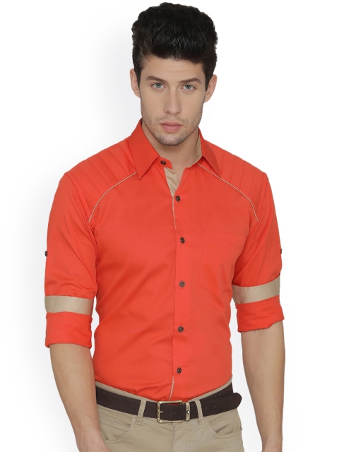 

Dazzio Men Orange & Beige Slim Fit Solid Party Shirt