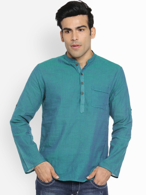 

indus route by Pantaloons Men Teal Blue Woven Design Straight Kurta