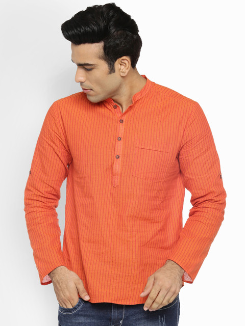 

indus route by Pantaloons Men Orange Striped Straight Kurta